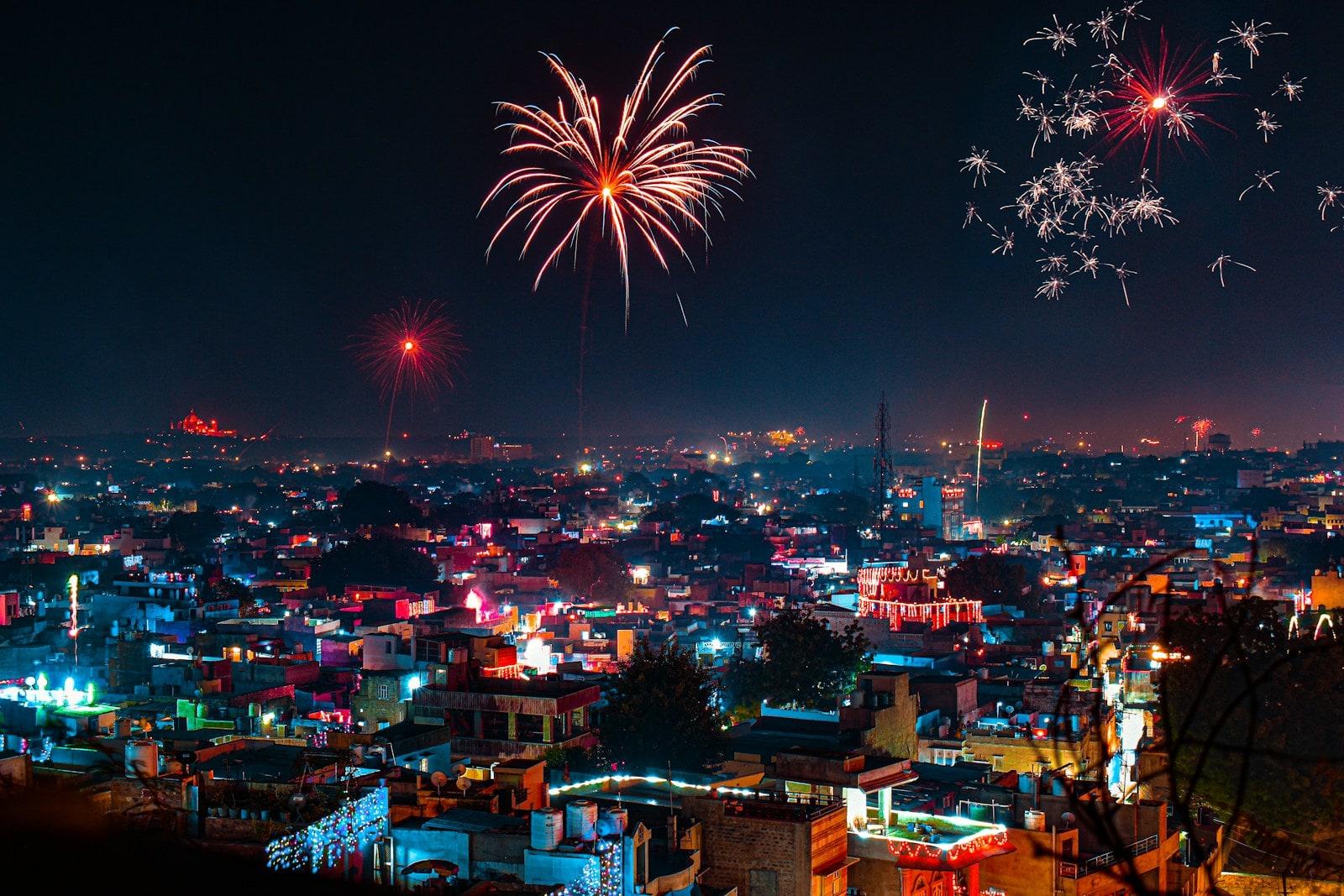 Fireworks and festive lights across Jodhpur's city skyline during Diwali