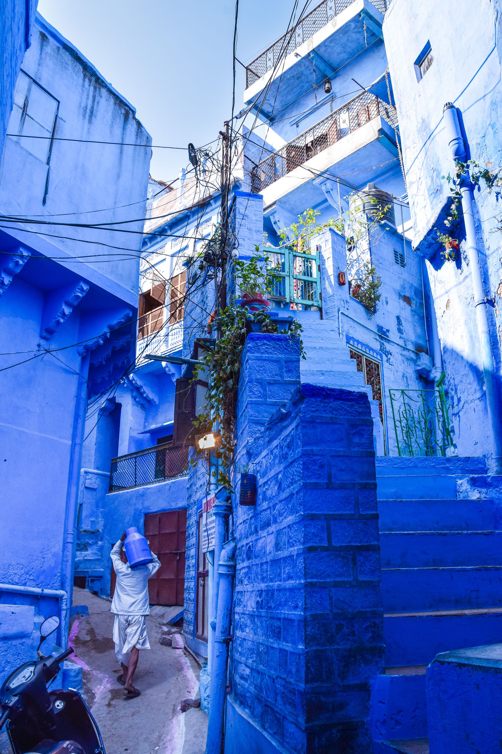 A resident walking through a vivid blue residential lane in Jodhpur